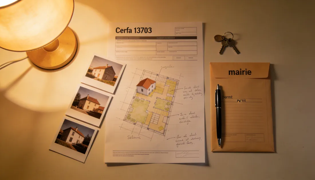 Bureau avec formulaire Cerfa 13703 déclaration préalable, plan masse, photos, démarches mairie panneaux solaires