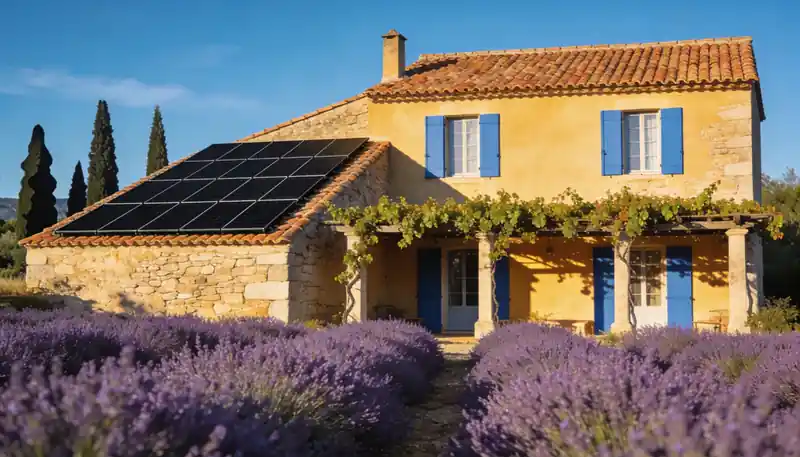 Mas provençal en pierre avec panneaux solaires noirs, lavande et ciel azur en région Sud-PACA