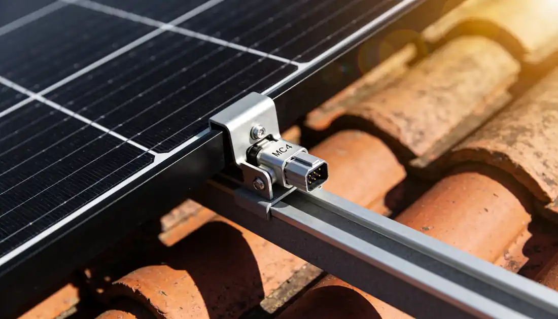 Panneaux solaires monocristallins noirs avec connecteurs MC4 sur toiture résidentielle française